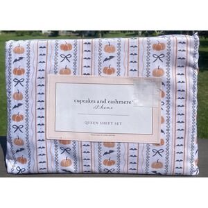 Cupcakes and Cashmere Halloween Queen Sheet Set Pumpkin Bat Bow Stripes New